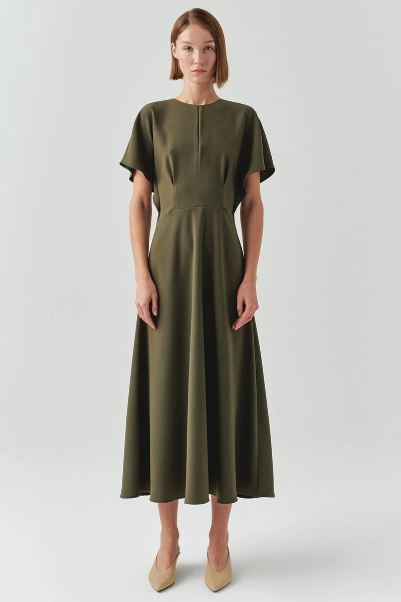 EXQUISE Crew Neck Short Sleeve Regular Midi Khaki Dress