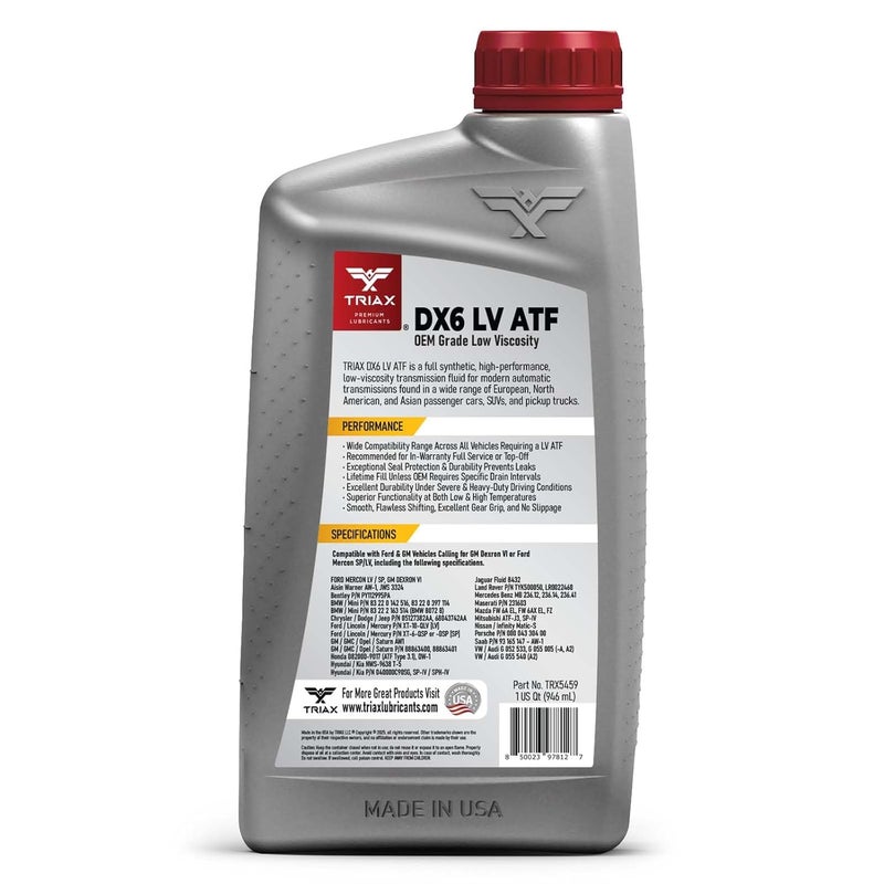 ترياكس  زيت ناقل الحركة الأوتوماتيكي (ATF) منخفض اللزوجة، ��صطناعي بالكامل من طراز Triax Transyn DEX VI، بدرجة OEM، مخصص للاستخدام مدى الحياة، متوافق مع GM Dexron VI وHonda/Acura DW-1 وToyota WS ومعظم سيارات GM وChrysler وJeep (1 كوارت) - Image 2