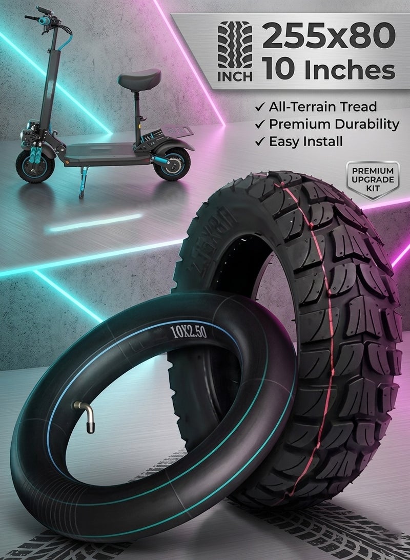 حصان الريح إطار خارجي عالي الجودة مقاس 10 بوصات للطرق الوعرة مع أنبوب للسكوترات الكهربائية – إطار بديل قابل للنفخ لجميع التضاريس مقاس 255x80 مع أنبوب - Image 1