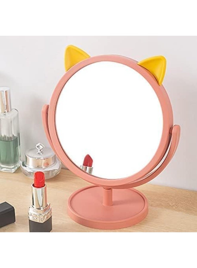 Decorhills Makeup Mirror, Cute Cat Ear Shaped Round Vanity Mirror with 360° Rotation, Durable Single-Sided Glass Mirror with Stand, Portable Tabletop Cosmetic Mirror for Desk, Bedroom & Home Décor – Pink - Image 4