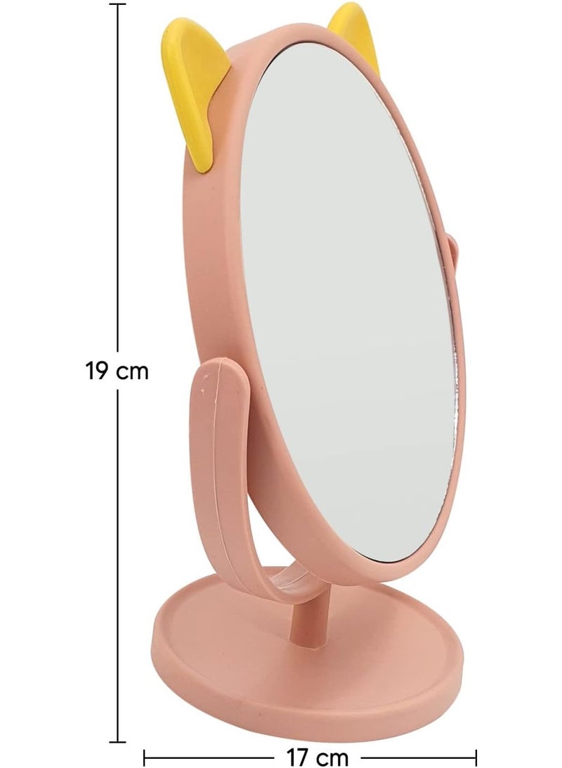 Decorhills Makeup Mirror, Cute Cat Ear Shaped Round Vanity Mirror with 360° Rotation, Durable Single-Sided Glass Mirror with Stand, Portable Tabletop Cosmetic Mirror for Desk, Bedroom & Home Décor – Pink - Image 2