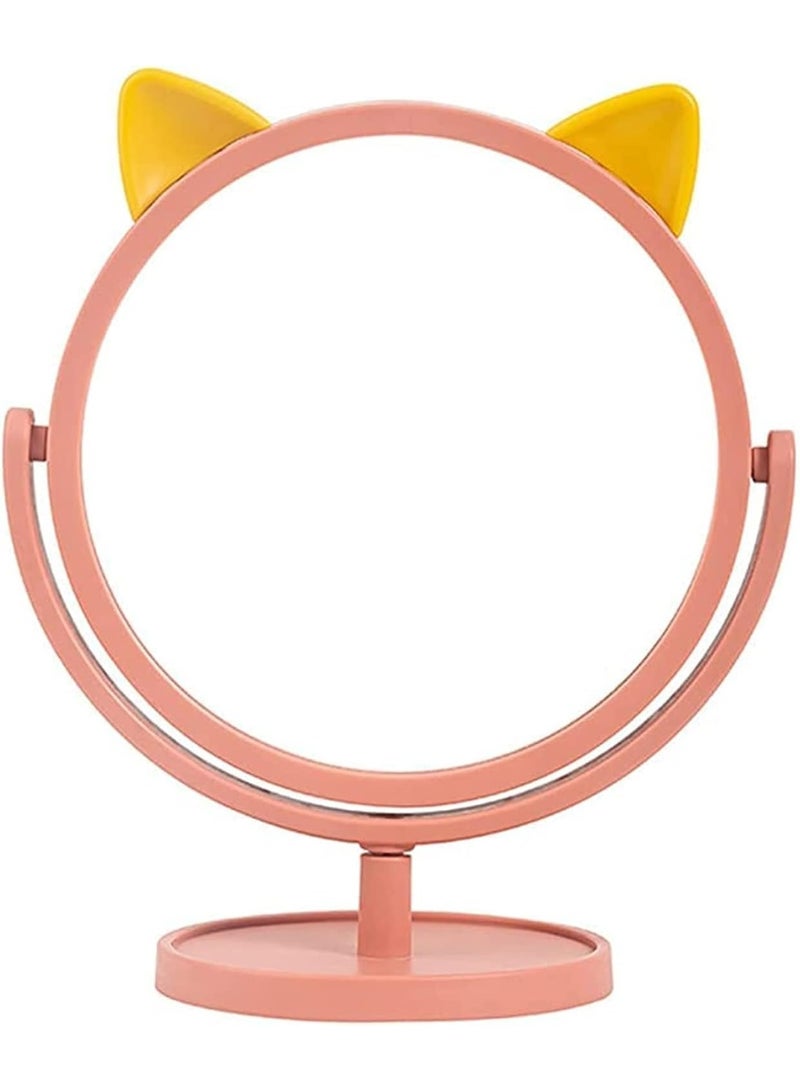 Decorhills Makeup Mirror, Cute Cat Ear Shaped Round Vanity Mirror with 360° Rotation, Durable Single-Sided Glass Mirror with Stand, Portable Tabletop Cosmetic Mirror for Desk, Bedroom & Home Décor – Pink - Image 1