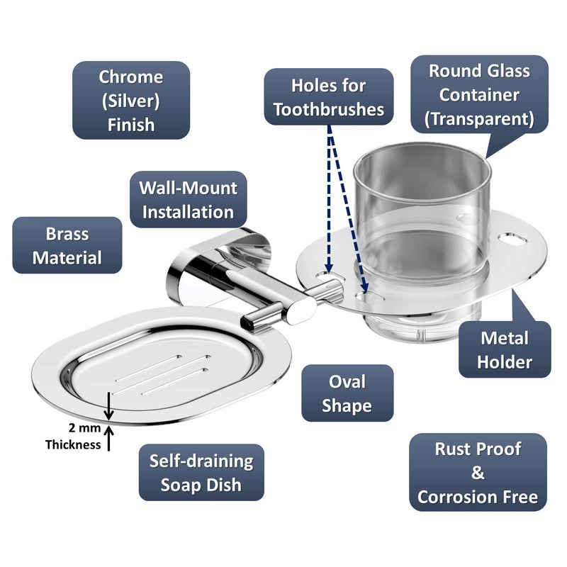 SL Vintage Brass Soap Dish with Toothbrush Holder, Chrome Finish and Wall Mounted for Bathroom and Wash Basin - Image 2