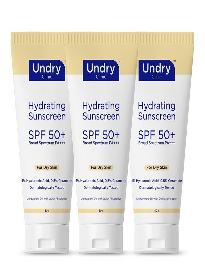Undry Hydrating Sunscreen SPF 50+ PA+++ for Dry Skin | Lightweight Gel with Hyaluronic Acid & Ceramide | Broad Spectrum, Quick Absorption | Dermatologically Tested | 50g Pack of 3 - Image 1