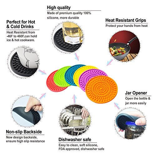 KindGa Colorful Coasters for Drinks Absorbent, Rubber Drink Coaster Set, Silicone Rainbow Coasters for Kids Coffee Table Desk, 4.3 Inch Oval Shape Deep Tray Pot Holder Trivet (Set of 6) - Image 3