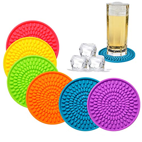 KindGa Colorful Coasters for Drinks Absorbent, Rubber Drink Coaster Set, Silicone Rainbow Coasters for Kids Coffee Table Desk, 4.3 Inch Oval Shape Deep Tray Pot Holder Trivet (Set of 6) - Image 1