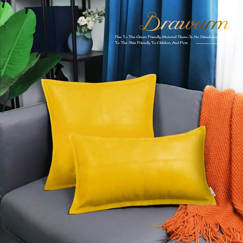 BRAWARM Yellow Leather Throw Pillow 20 X 20 Inches, Faux Leather Pillow Cover with Piping, Hand Stitched Leather Decorative Throw Pillow Covers for Couch Sofa Bed Living Room Garden - Image 2