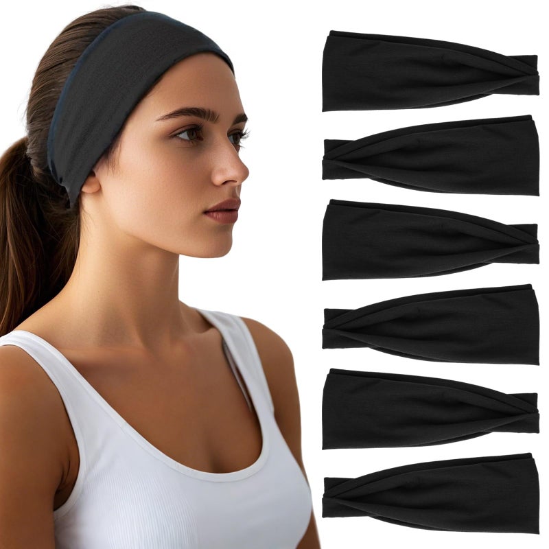 HSEM Headbands for Women - 6 Pack Wide Elastic Hairbands | Ultra-Soft Moisture Wicking Sports Headband | Non-Slip Accessories Bands for Fashion, Workouts, Yoga, Daily Use (6 Pack Black) - Image 1
