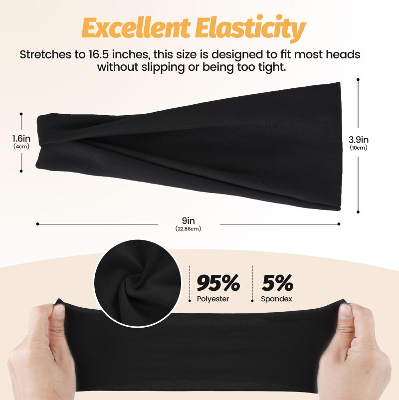HSEM Headbands for Women - 6 Pack Wide Elastic Hairbands | Ultra-Soft Moisture Wicking Sports Headband | Non-Slip Accessories Bands for Fashion, Workouts, Yoga, Daily Use (6 Pack Black) - Image 2