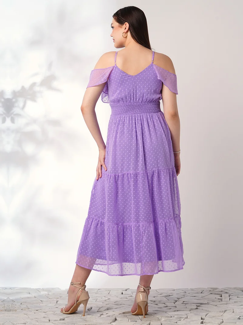 globus Women Lavender Off Shoulder Self Design Ruffles Detail Smocked Fit & Flare Midi Party Dress