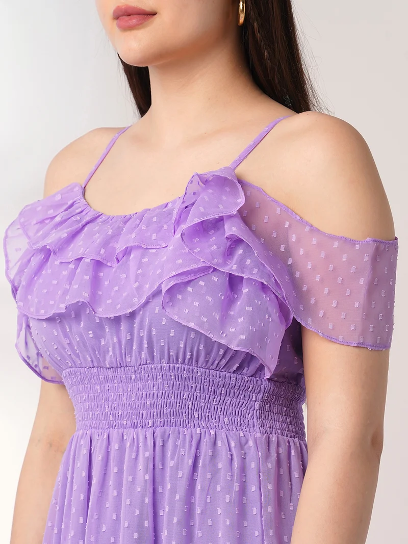 globus Women Lavender Off Shoulder Self Design Ruffles Detail Smocked Fit & Flare Midi Party Dress