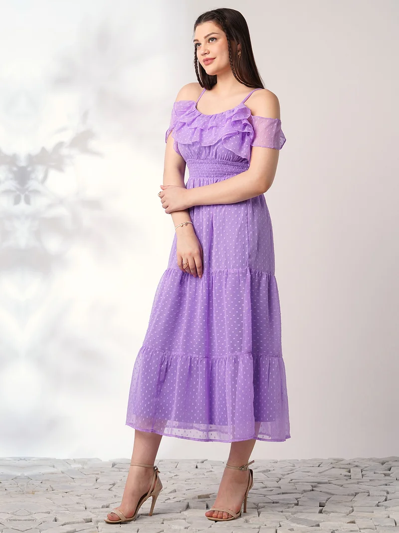 globus Women Lavender Off Shoulder Self Design Ruffles Detail Smocked Fit & Flare Midi Party Dress