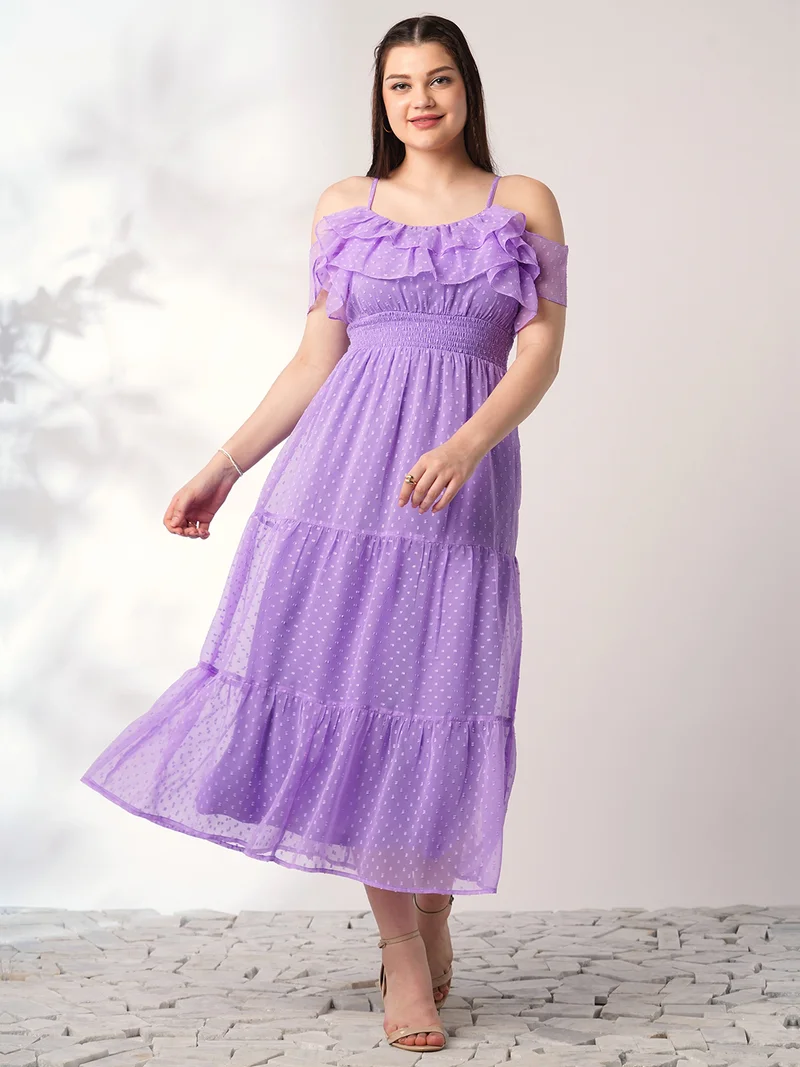 globus Women Lavender Off Shoulder Self Design Ruffles Detail Smocked Fit & Flare Midi Party Dress