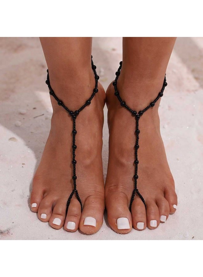 Obmyec Pearl Barefoot Sandals Wedding Ankle Bracelet Beaded Foot Chain jewelry 2pcs for Women and Girls free size Black - Image 2