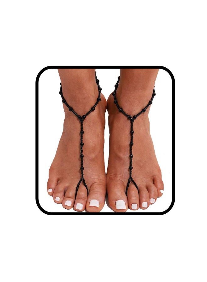 Obmyec Pearl Barefoot Sandals Wedding Ankle Bracelet Beaded Foot Chain jewelry 2pcs for Women and Girls free size Black - Image 1