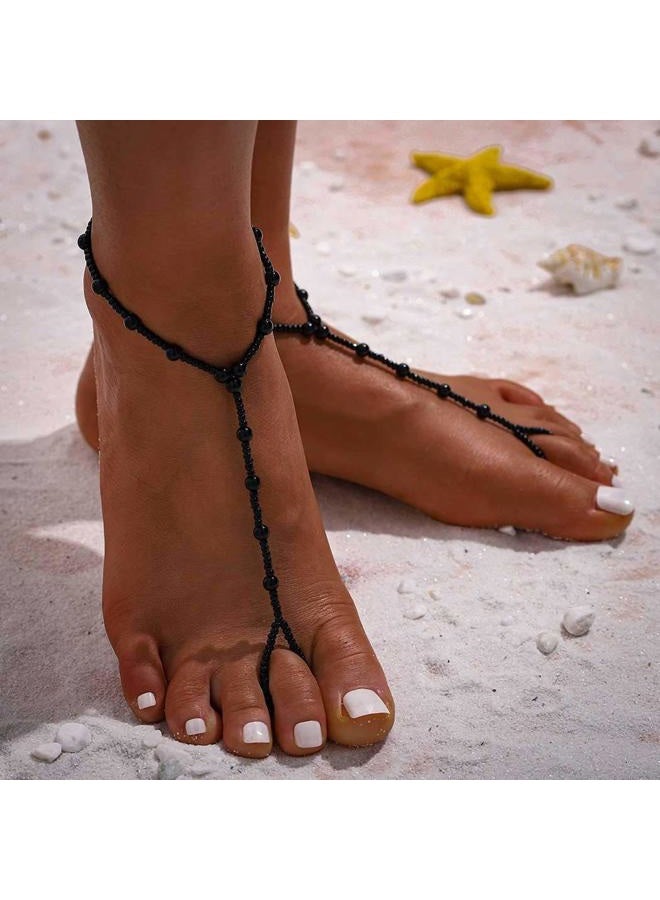 Obmyec Pearl Barefoot Sandals Wedding Ankle Bracelet Beaded Foot Chain jewelry 2pcs for Women and Girls free size Black - Image 4