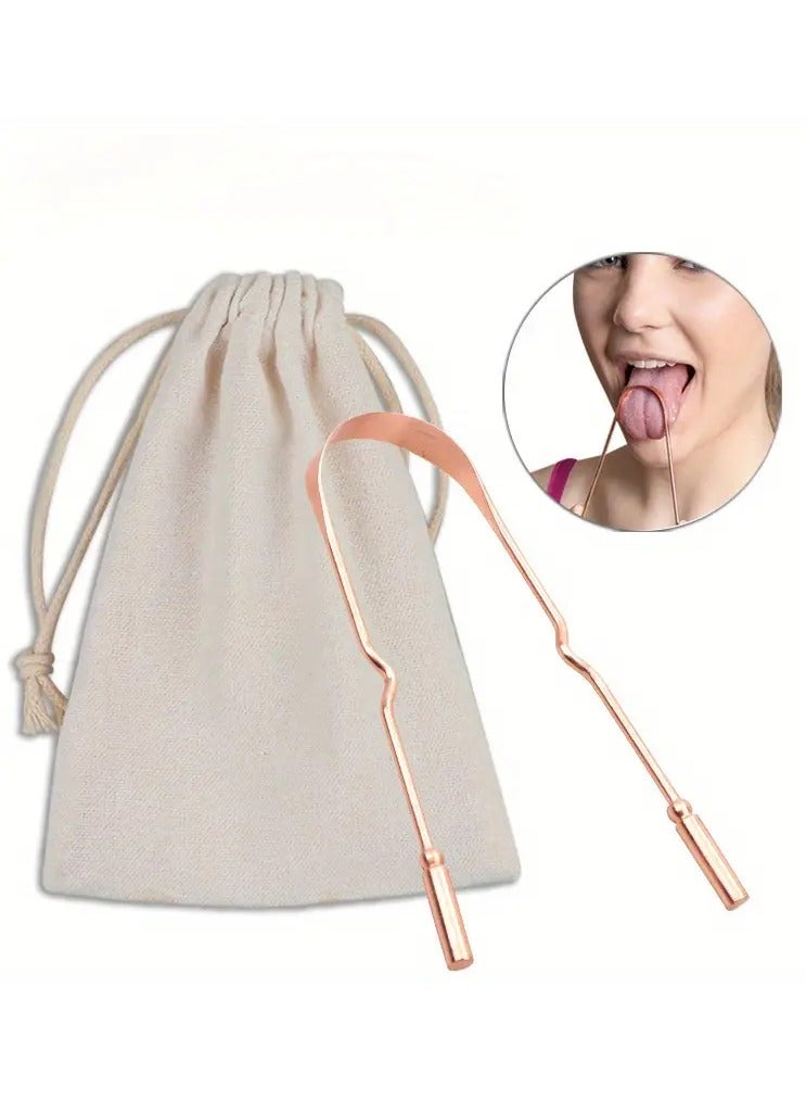 Rozino 1pc Pure Copper Tongue Scraper with Rose Golden Finish - Odorless Metal Oral Cleaning Tool, Includes Beige Drawstring Bag, for Fresh Breath & Plaque Removal, Home Use - Image 1