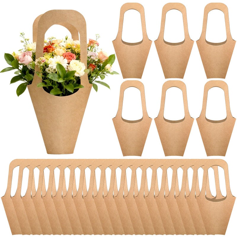 AUGSUN 60Pcs Kraft Paper Flowers Bouquet Bags with Handle, 14 Inch Brown Hanging Bouquet Wrapping Bags Kraft Floral Flower Sleeves for Florist Packaging Supplies Wedding Party - Image 1