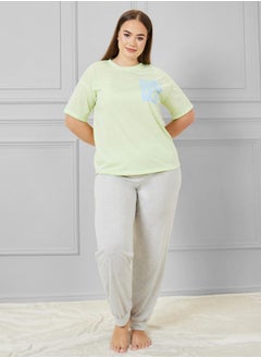 Slogan Printed Drop Shoulder T-Shirt & Cuff Pyjama Set