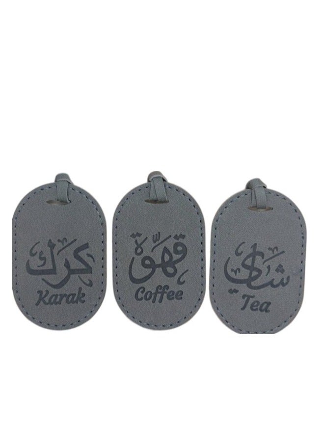 Bayti H.H. Selsela Leather Hanging Tags – Elegant Dallah Name Labels for Tea, Karak & Coffee Set B (Grey Set of 3)