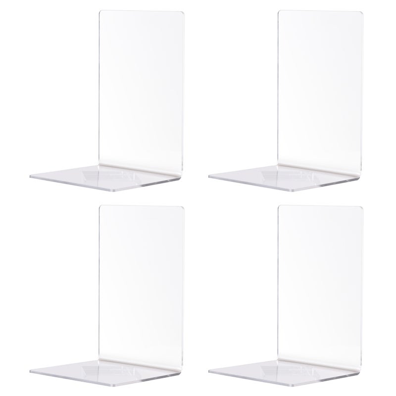 L-shaped Book Ends: 4 Pcs Transparent High-quality Acrylic - Rounded Hand-safe Design Bookends for Home Office School Study Room Shelves - Image 1