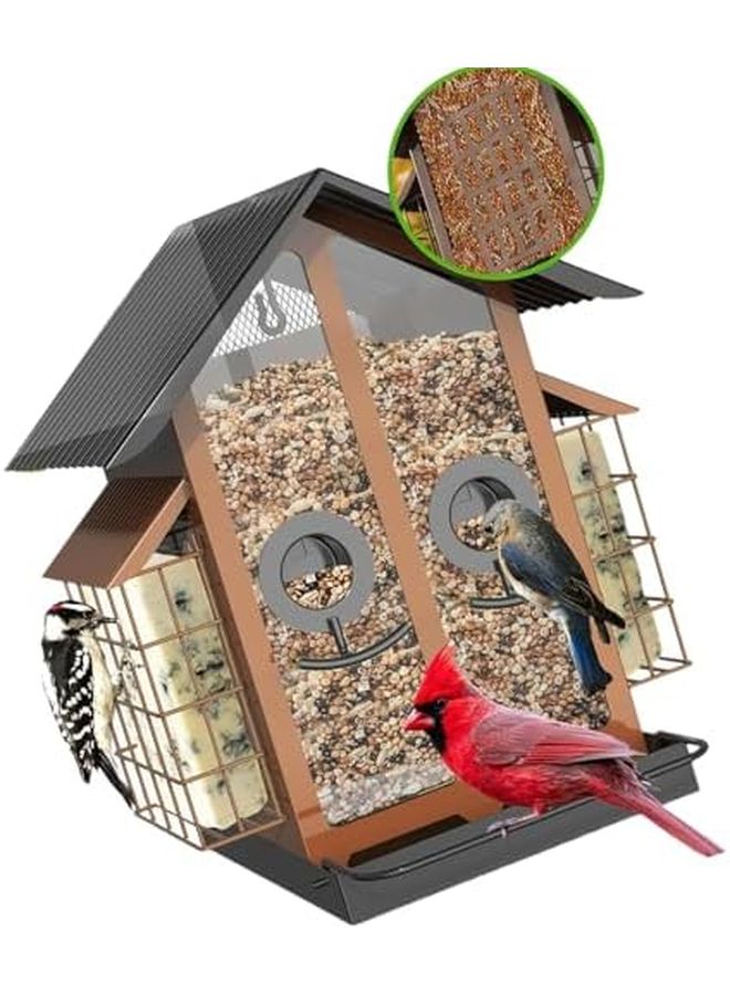 مغذي طيور معدني بني مع مجثم كبير بسعة كبيرة وخطاف تعليق لحديقة الفناء الخلفي - Image 2