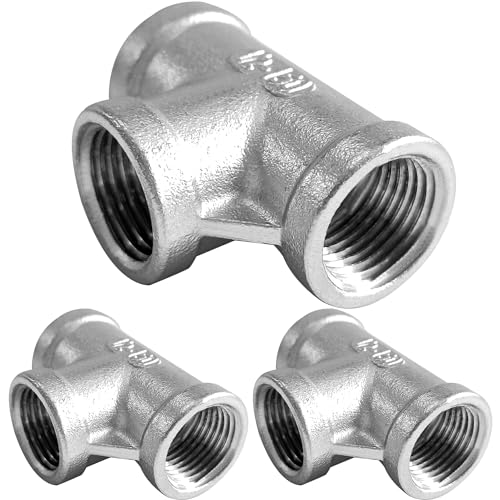 Fitvell Stainless Steel Tee Pipe Fitting 1/2" x 1/2" x 1/2" NPT Female Threaded T Shaped Coupling 3PCS - Image 1