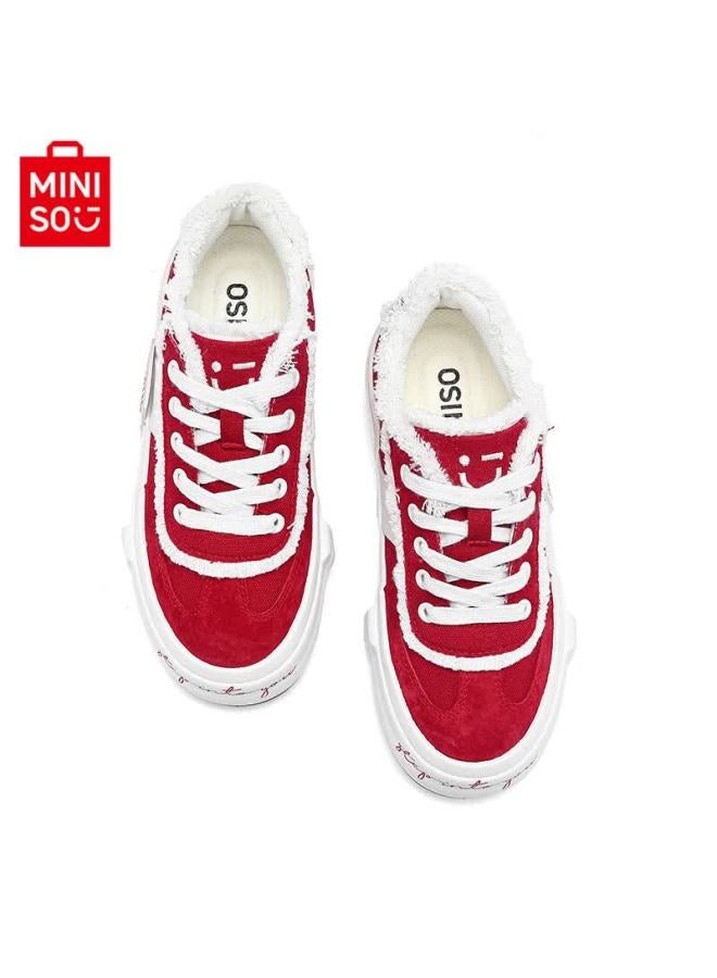 Miniso Men's Autumn New Retro Thick-soled Canvas Shoes Trendy Versatile Sneakers Women White Red Size 38 - Image 2