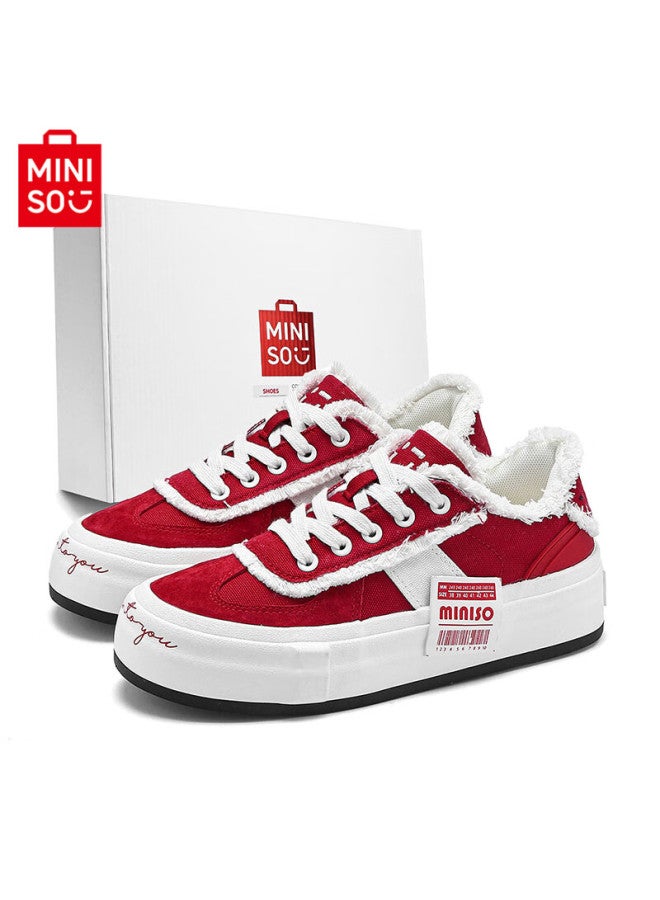 Miniso Men's Autumn New Retro Thick-soled Canvas Shoes Trendy Versatile Sneakers Women White Red Size 38 - Image 1