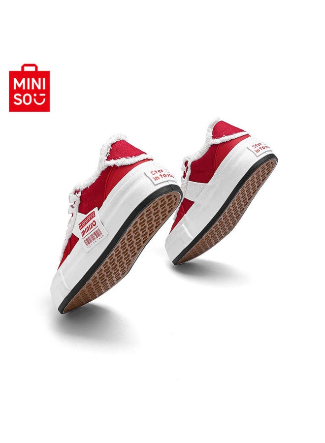 Miniso Men's Autumn New Retro Thick-soled Canvas Shoes Trendy Versatile Sneakers Women White Red Size 38 - Image 5