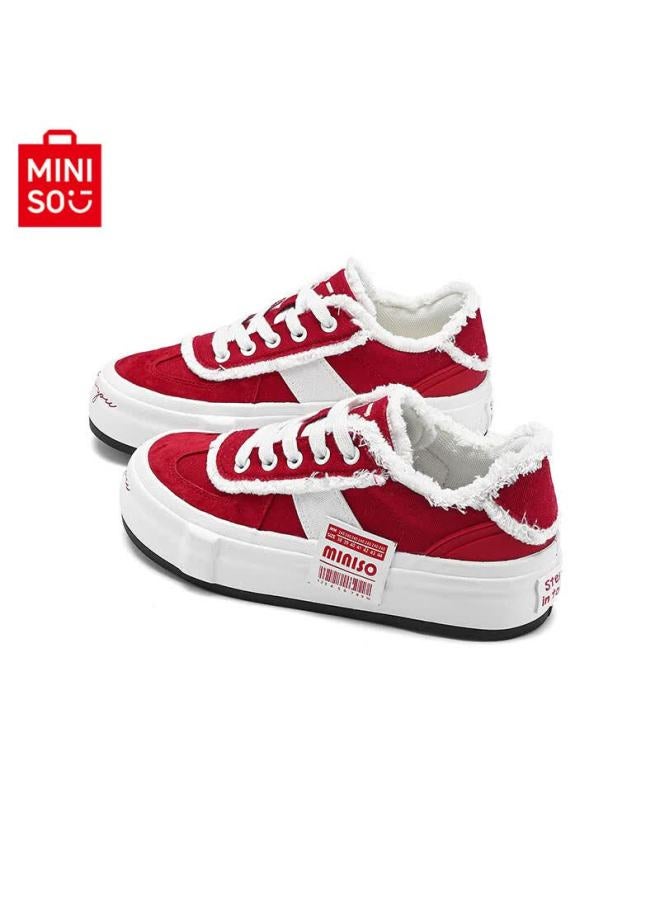 Miniso Men's Autumn New Retro Thick-soled Canvas Shoes Trendy Versatile Sneakers Women White Red Size 38 - Image 3