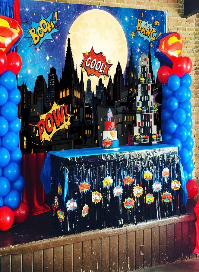 CINRAY Super Hero City Backdrop 7x5FT Blue Cartoon City Landscape Superhero Photography Background Boy Birthday Party Banner Decorations Supplies Photo Props - Image 3
