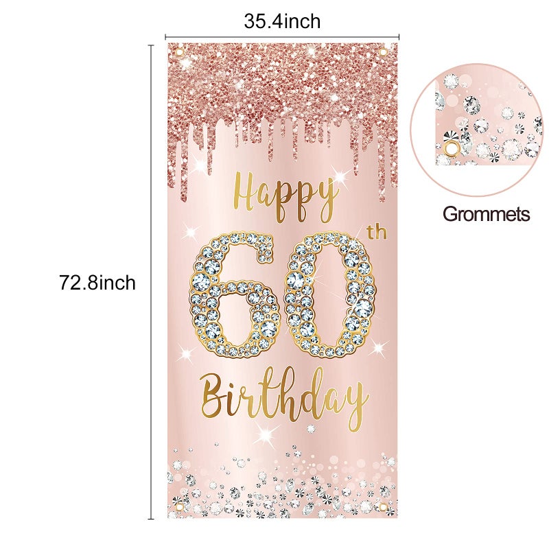 Excelloon 60th Birthday Door Banner Decorations for Women  Pink Rose Gold Happy 60th Birthday Door Cover Backdrop Party Supplies  Large Sixty Year Old Birthday Poster Sign Decor - Image 2