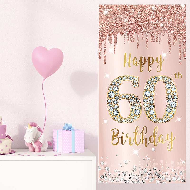 Excelloon 60th Birthday Door Banner Decorations for Women  Pink Rose Gold Happy 60th Birthday Door Cover Backdrop Party Supplies  Large Sixty Year Old Birthday Poster Sign Decor - Image 4