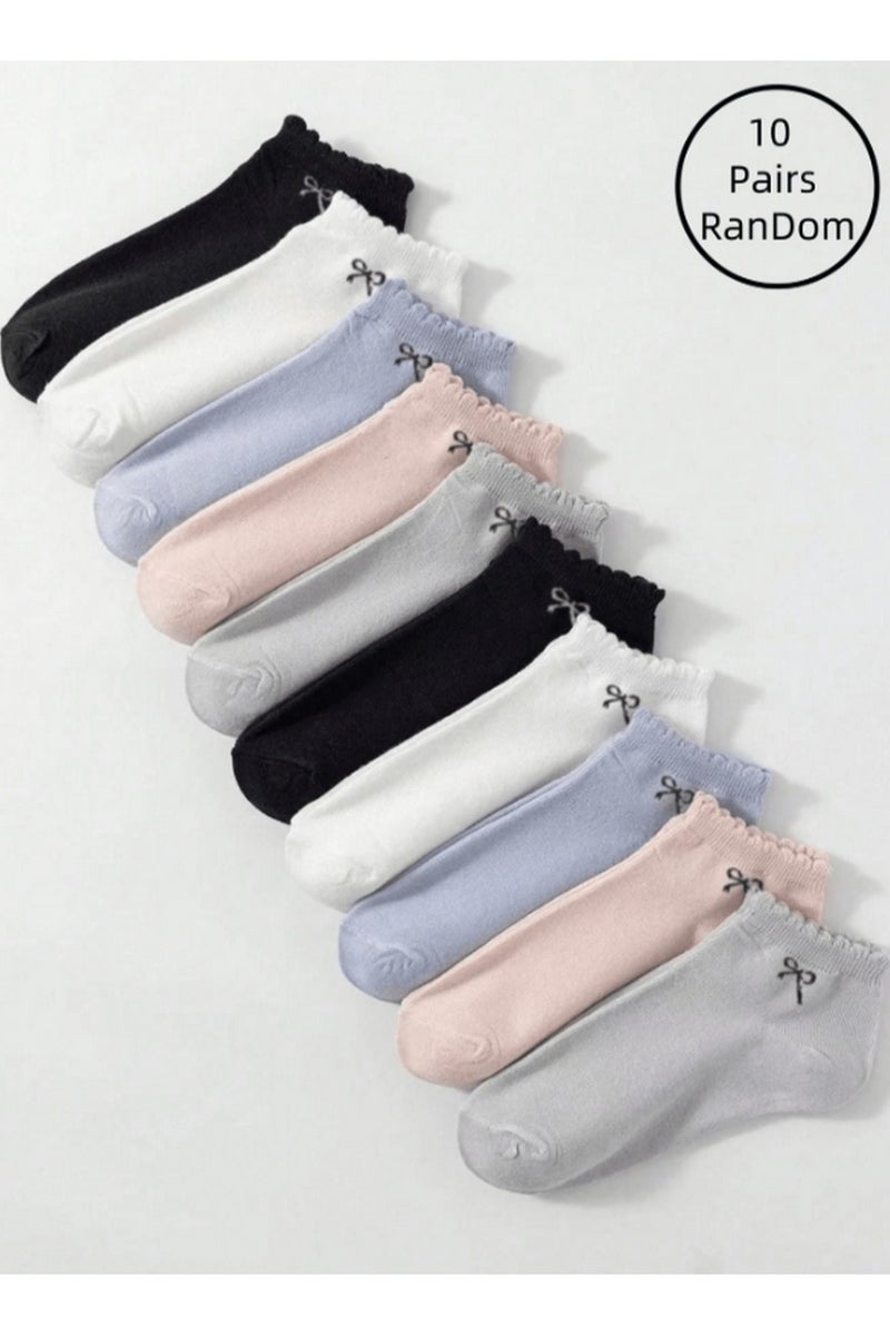 جوارب نسائية قصيرة مزينة بفيونكة – قطنية ناعمة، ألوان باستيل ومحايدة، طقم 10 أزواج - Image 1
