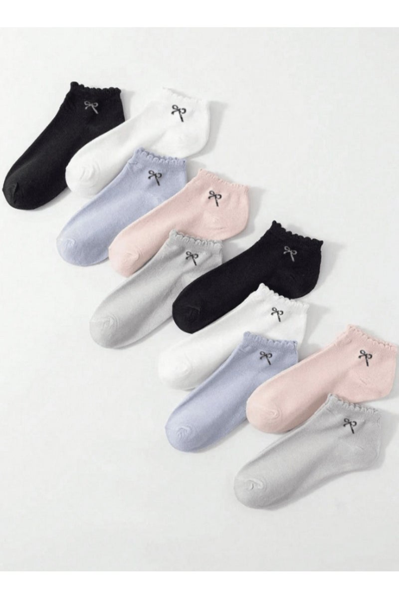 جوارب نسائية قصيرة مزينة بفيونكة – قطنية ناعمة، ألوان باستيل ومحايدة، طقم 10 أزواج - Image 2