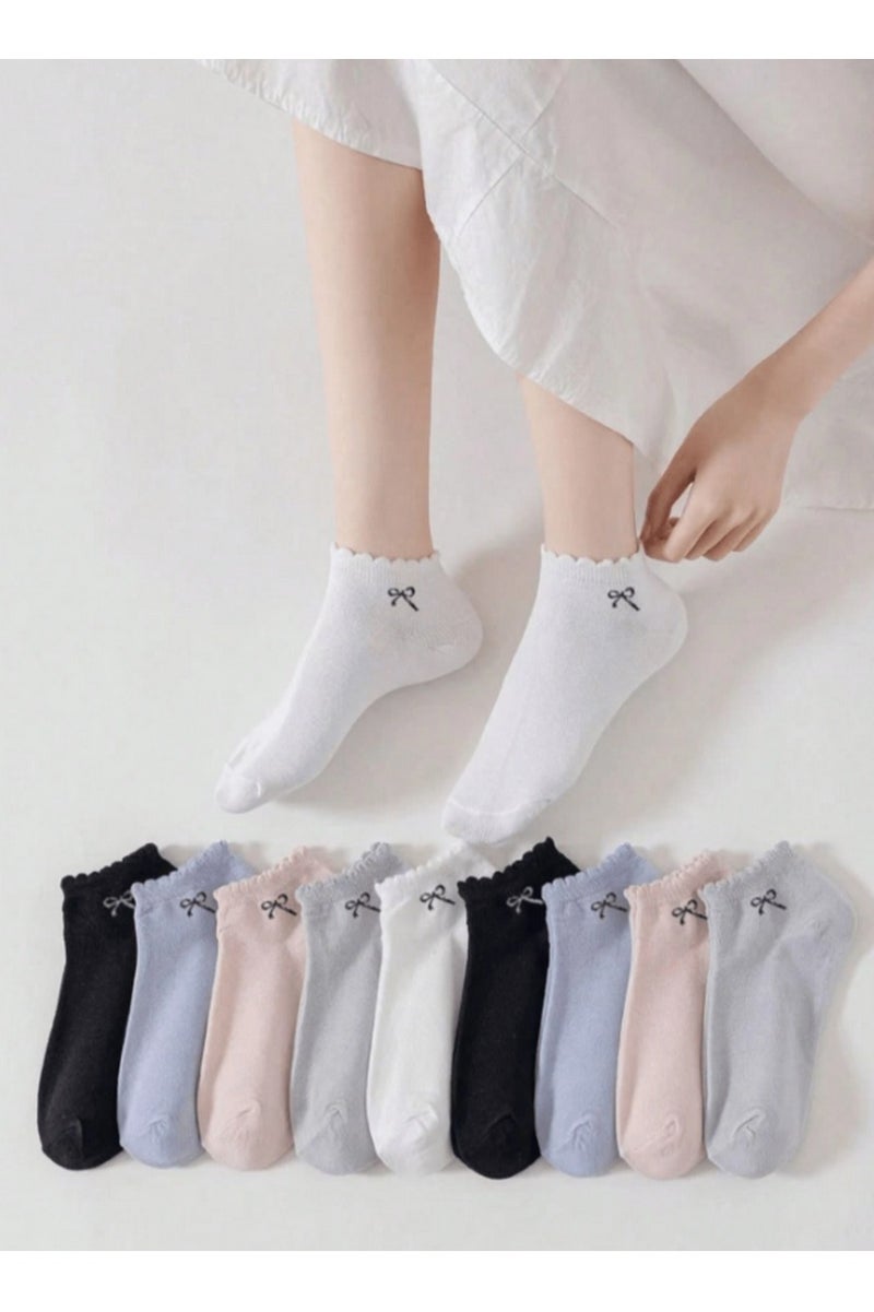 جوارب نسائية قصيرة مزينة بفيونكة – قطنية ناعمة، ألوان باستيل ومحايدة، طقم 10 أزواج - Image 3