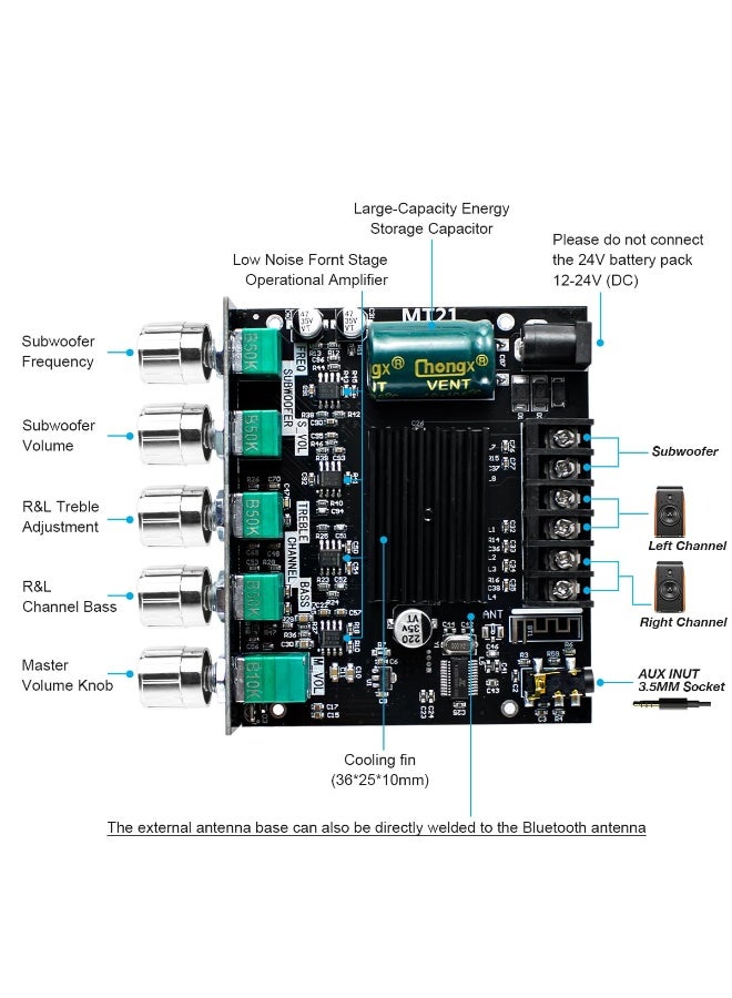 2.1 Channel Bluetooth Audio Power Amplifier Board 50W×2+100W with Treble and Bass Control for DIY Bluetooth Speaker Home Theater - Image 3