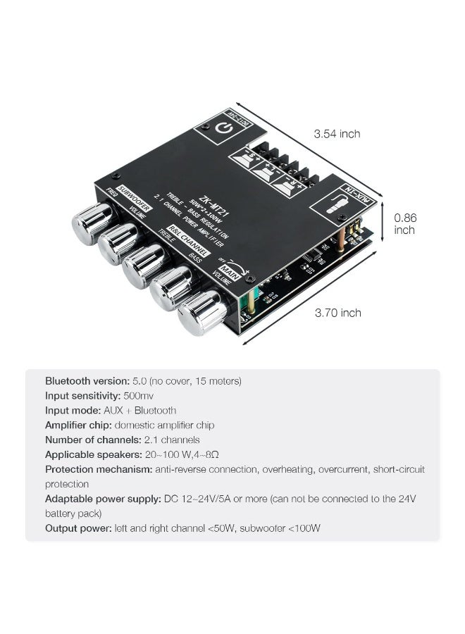 2.1 Channel Bluetooth Audio Power Amplifier Board 50W×2+100W with Treble and Bass Control for DIY Bluetooth Speaker Home Theater - Image 2