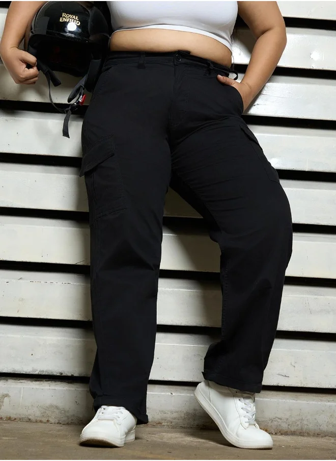HIGH STAR Women's Black Cotton Blend Solid Pattern Full Length Cargo Mom Fit Trouser