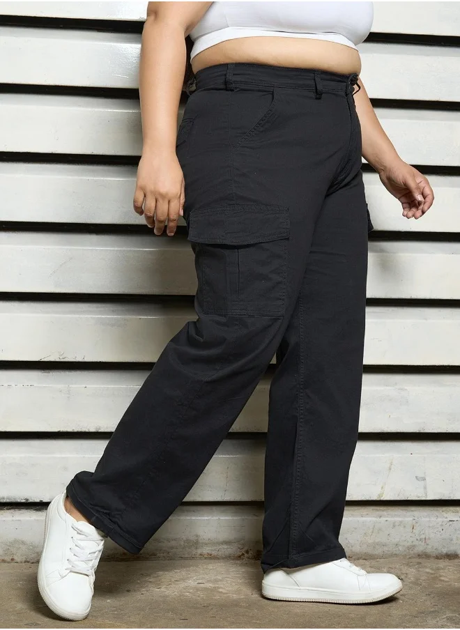 HIGH STAR Women's Black Cotton Blend Solid Pattern Full Length Cargo Mom Fit Trouser