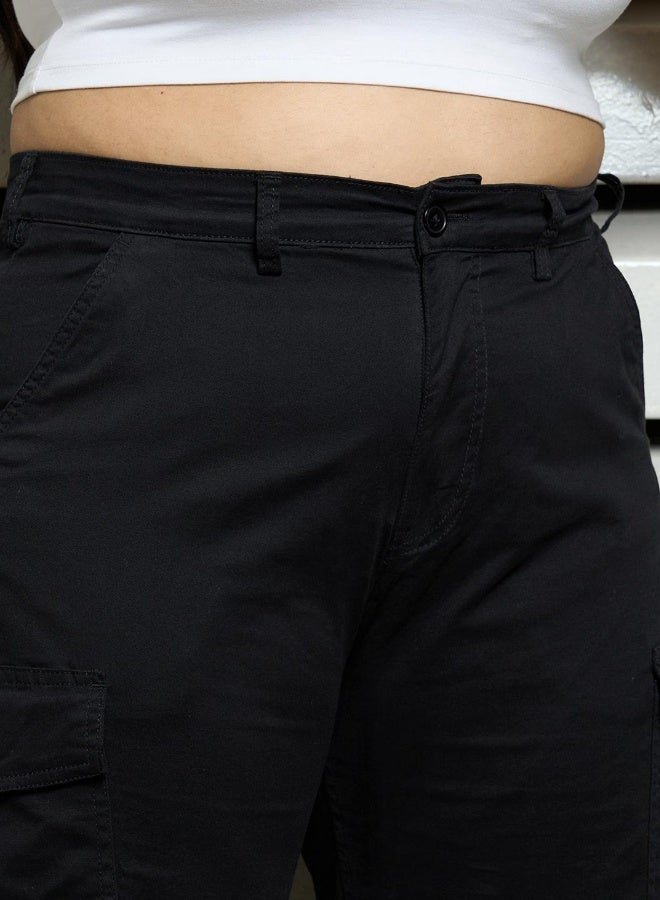 HIGH STAR Women's Black Cotton Blend Solid Pattern Full Length Cargo Mom Fit Trouser - Image 2