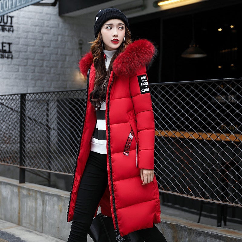 Womens Mid-length Cotton-padded Coat Winter New Korean Style Slim-fit Slimming plus size Cotton-padded Coat with Big Wool Collar Over-knee Cotton-padded Coat Red