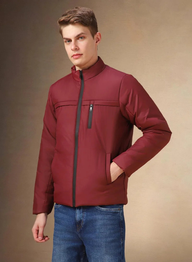 Dennis Lingo Men's Maroon 100% Polyester Solid Regular Fit Jacket