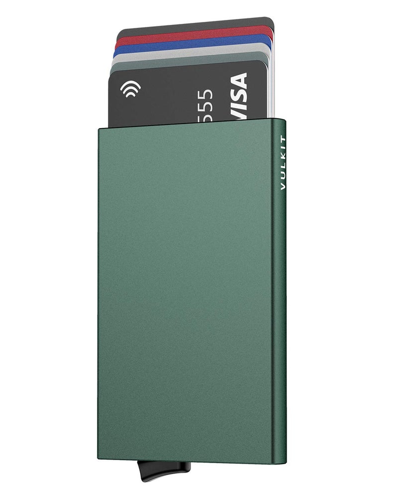 VULKIT محفظة فالكيت القابلة للفتح، حافظة بطاقات ائتمان نحيفة وعصرية للرجال والنساء، علبة معدنية صغيرة مع حماية RFID باللون الأخضر الداكن - Image 1