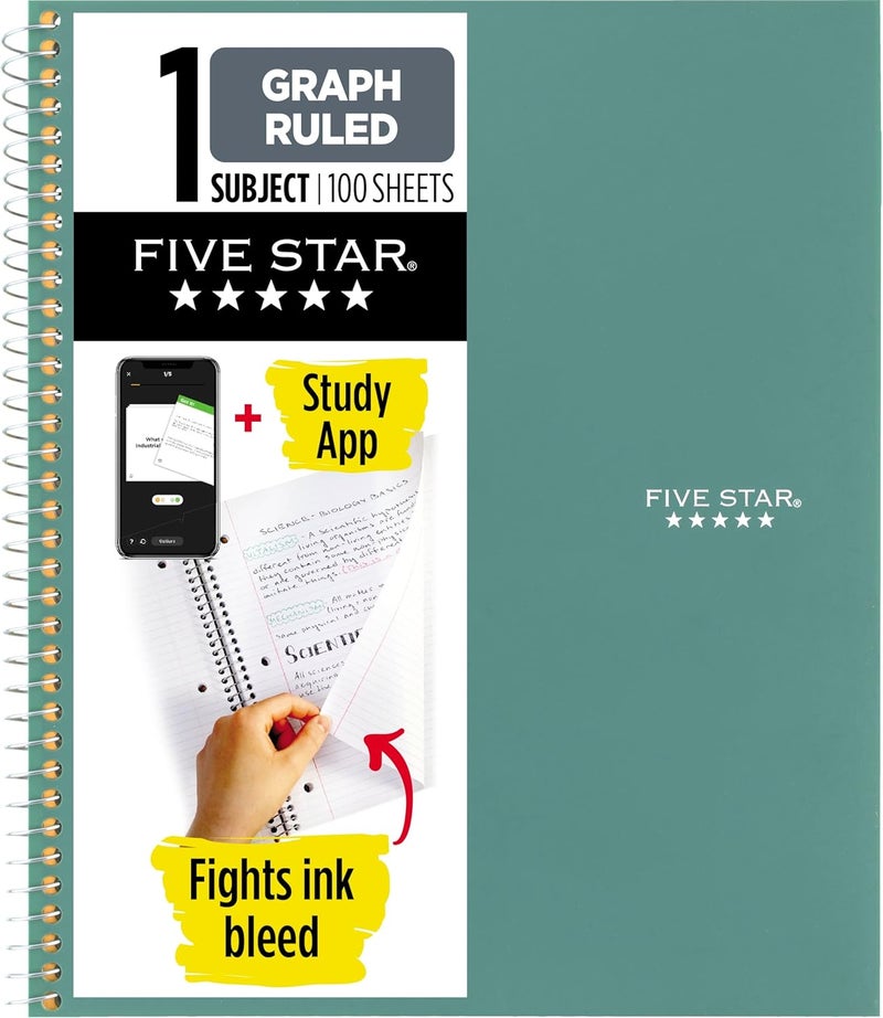 Five Star Spiral Notebook + Study App, 1 Subject, Graph Ruled Paper, 8-1/2" x 11", 100 Sheets, Fights Ink Bleed, Water Resistant Cover, Seaglass Green (620000CH1) - Image 1