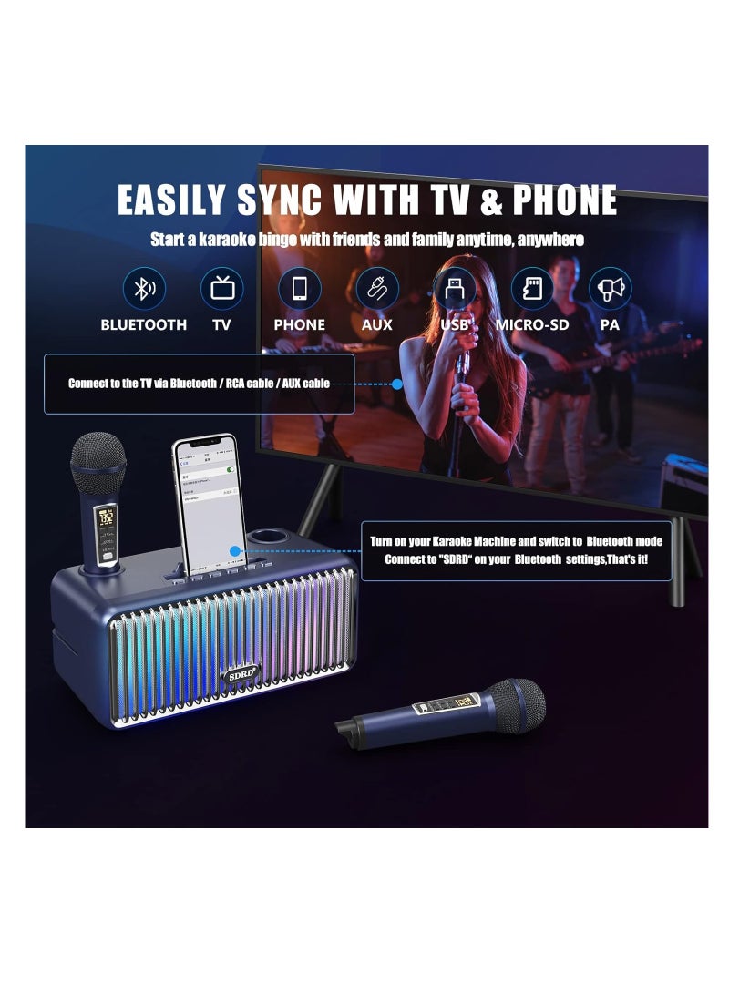 SDRD Karaoke machine voor volwassenen en kinderen, draagbare bluetooth-luidspreker met 2 microfoons, UHF draadloos karaoke-PA-luidsprekersysteem met geleidelijke kleurrijke LED-lampjes voor thuisfeest, bla - Image 2