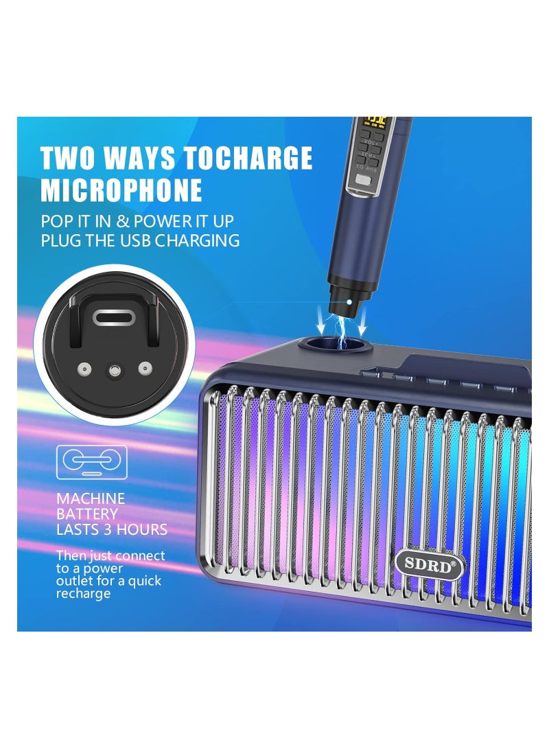 SDRD Karaoke machine voor volwassenen en kinderen, draagbare bluetooth-luidspreker met 2 microfoons, UHF draadloos karaoke-PA-luidsprekersysteem met geleidelijke kleurrijke LED-lampjes voor thuisfeest, bla - Image 4