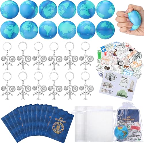 Maitys 72 Pcs Travel Party Earth Stress Balls Airplane Keychain Passport Book with Assorted Travel Stickers for Scrapbooks Organza Bags for Adults Adventure Theme Party Supplies - Image 1