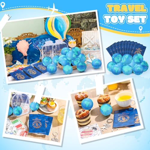 Maitys 72 Pcs Travel Party Earth Stress Balls Airplane Keychain Passport Book with Assorted Travel Stickers for Scrapbooks Organza Bags for Adults Adventure Theme Party Supplies - Image 5